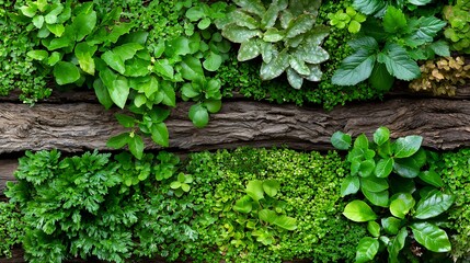 Green Wall with Wood Texture and Lush Plant Growth
