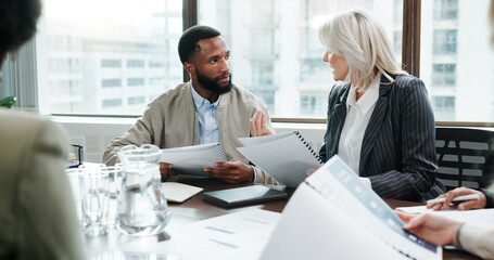 Documents, planning and meeting with business people in office for investment analyst, advisor and stock market data. Audit review, portfolio growth and feedback with employees in agency for research
