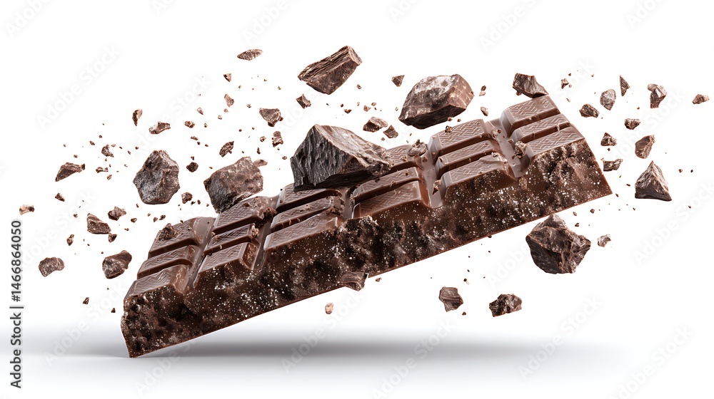 Poster Broken chocolate bar floating in the air with chunks floating in the air isolated on white or