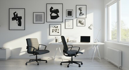 Modern Minimalist Home Office with Black and White Art
