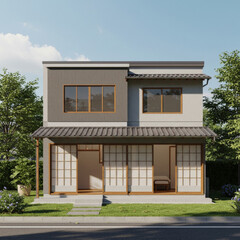 Obraz premium Two-story Japanese-style home with a tranquil garden setting. Modern facade with sliding shoji screens and a paved walkway.