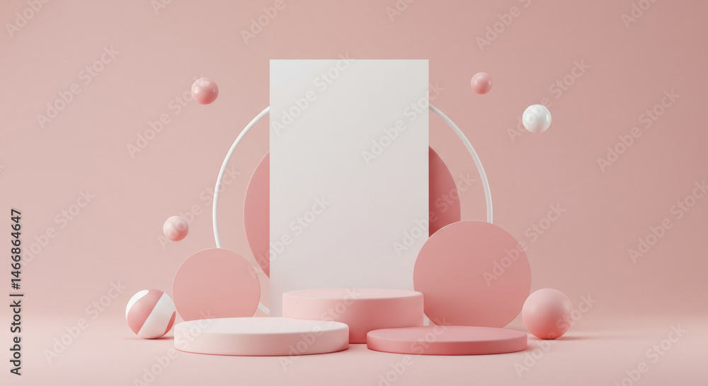 Poster pink geometric display with blank space for product placement. abstract shapes in various sizes and 