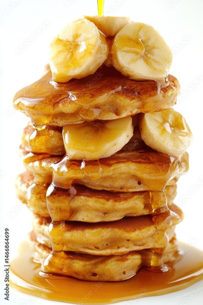 Poster stack of pancakes with banana slices and maple syrup drizzle close up studio shot on white backgroun