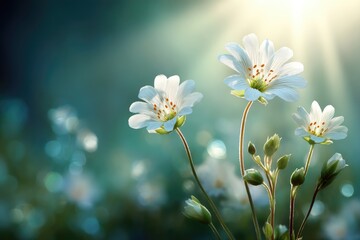 Delicate white flowers bathed in sunlight