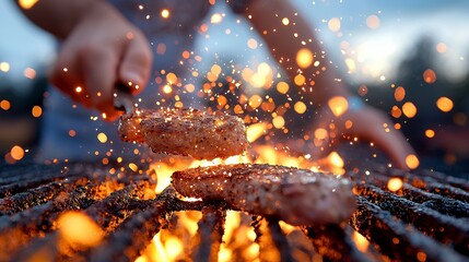 Grilling Burger Patties on a Bbq with Fire and Sparkles
