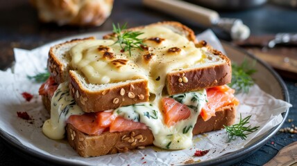 Freshly baked croc monsieur of salmon, served warm and with a golden crust. The top slice of bread is covered with melted golden Emmental cheese, slightly crispy and bubbly after grilling.