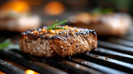 Grilling Steak on Grill with Rosemary Garnish Close Up