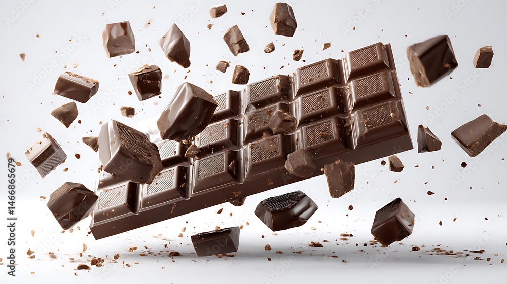 Poster Broken chocolate bar floating in the air with chunks floating in the air isolated on white or