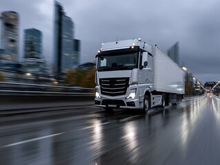 Modern truck on a rainy city street