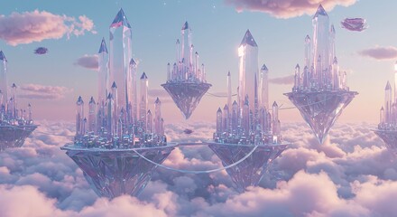 Crystal Cities Floating in a Dreamy Sky, Connected by Delicate Bridges