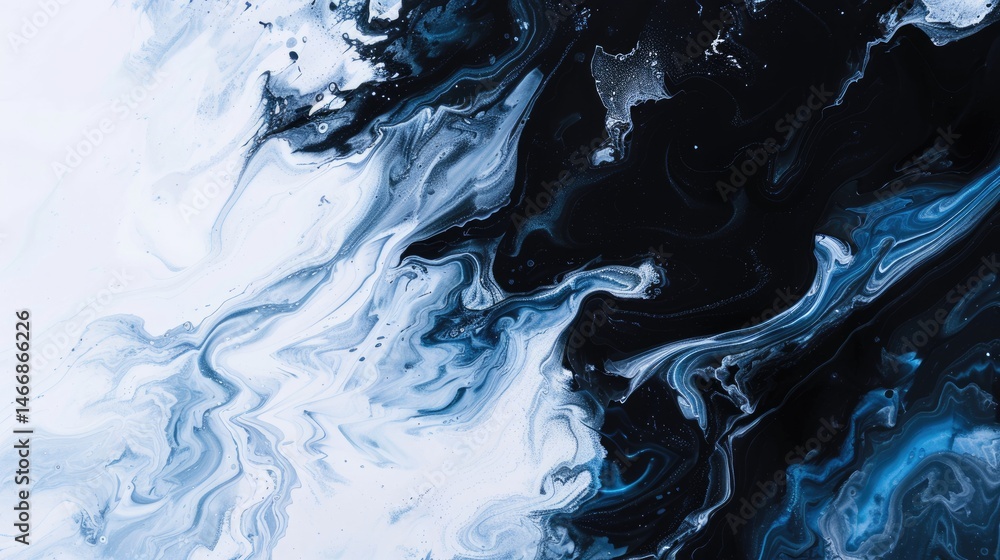 Poster close up abstract picture of blue and black colour has been mixing with each other and white colour,