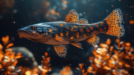 A river pike rests among swaying plants in clear water. Natural beauty, peaceful underwater scene.