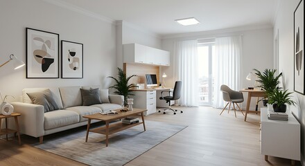 Modern Minimalist Home Office and Living Room Combo