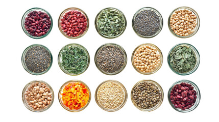 Colorful variety of spices in glass containers.