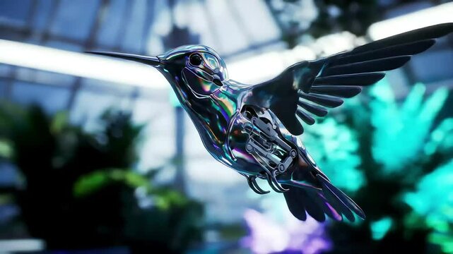 Metallic robot bird flying with glossy body, depicting a bird in nature life