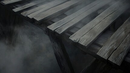 A rustic wooden bridge with dense fog enveloping the background, its details fading into the atmospheric haze. 