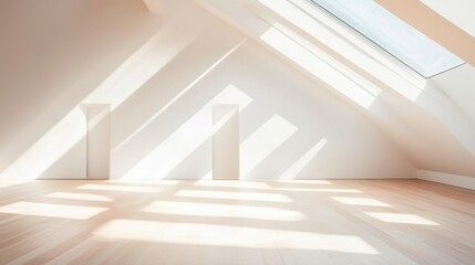 Obraz premium Bright attic interior shines with natural light through skylight creating geometric patterns on wood floor