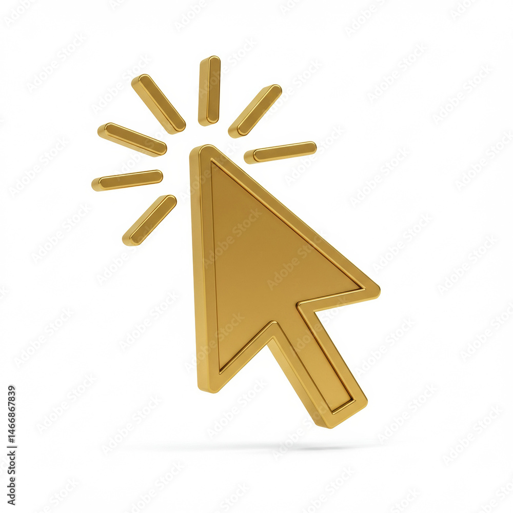 Poster gold cursor icon with radiating effect in a digital interface. 3d graphic symbol isolated on white b