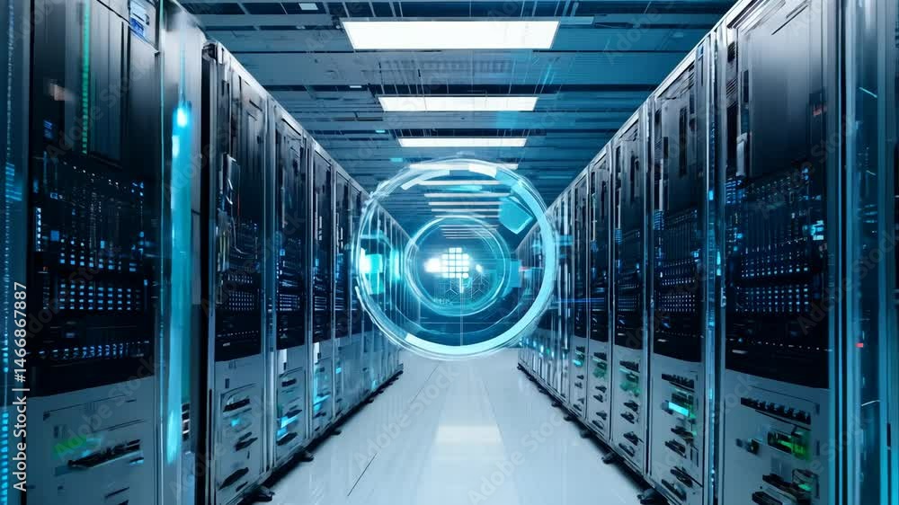 Poster data center servers with global network visualization 4k.