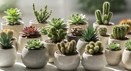 Obraz premium Diverse Succulents and Cacti in Modern Pots - A collection of succulents and cacti in various modern, light gray planters. Symbolizing resilience, growth, nature, tranquility, and home decor