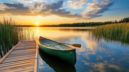 Obraz premium Tranquil sunset lake canoe dock; peaceful evening nature scene