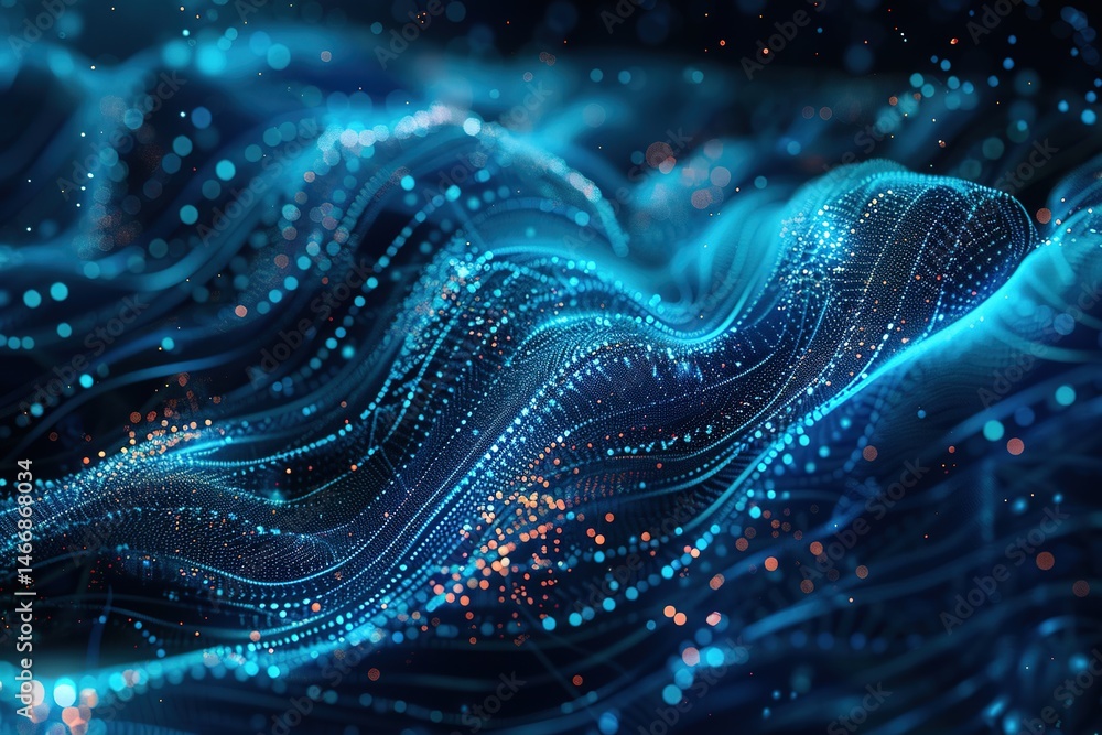 Poster abstract technology landscape: wavy lines and bokeh lights create a digital scene