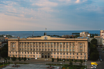 Cherkasy Regional State Administration building in Ukraine, seen from above with Dnipro River in...