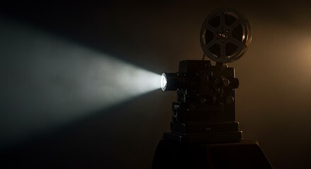 Fototapeta premium Vintage Film Projector Casting a Dramatic Beam of Light in Dark Room