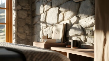 Serene Bedroom Interior Design Stone Wall Wooden Furniture and Sunlight