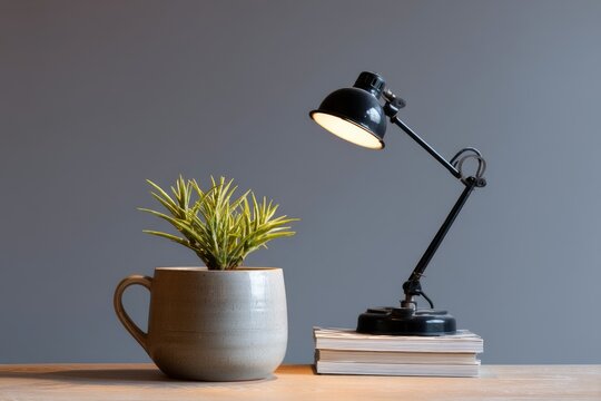 Simple office setup with ceramic plant pot and reading lamp --ar 3:2 --v 7 Job ID: aa506a12-f0f3-47a6-b0b1-ccc6b80e3042