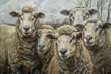 Obraz premium A charming gathering of five sheep with their curly wool peering curiously at the viewer
