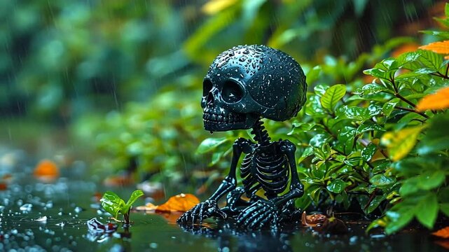 Dark skeleton figurine in rainy puddle