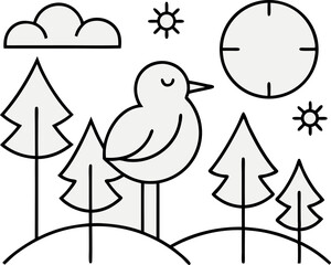 Bird, trees and sun easy coloring page for kids and adults