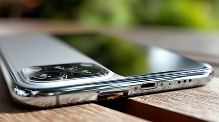 Modern smartphone resting on a wooden surface.  Close-up view of the device's bottom edge