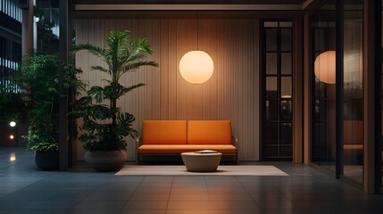 Modern orange sofa in a tranquil lobby with warm lighting and tropical plants at night