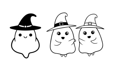 Adorable Ghosts in Witch Hats | Fun Outline Doodle Cartoon Illustration