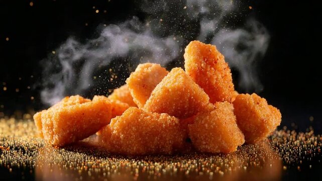 Crispy golden chicken nuggets piled high, with steam rising in a dark background