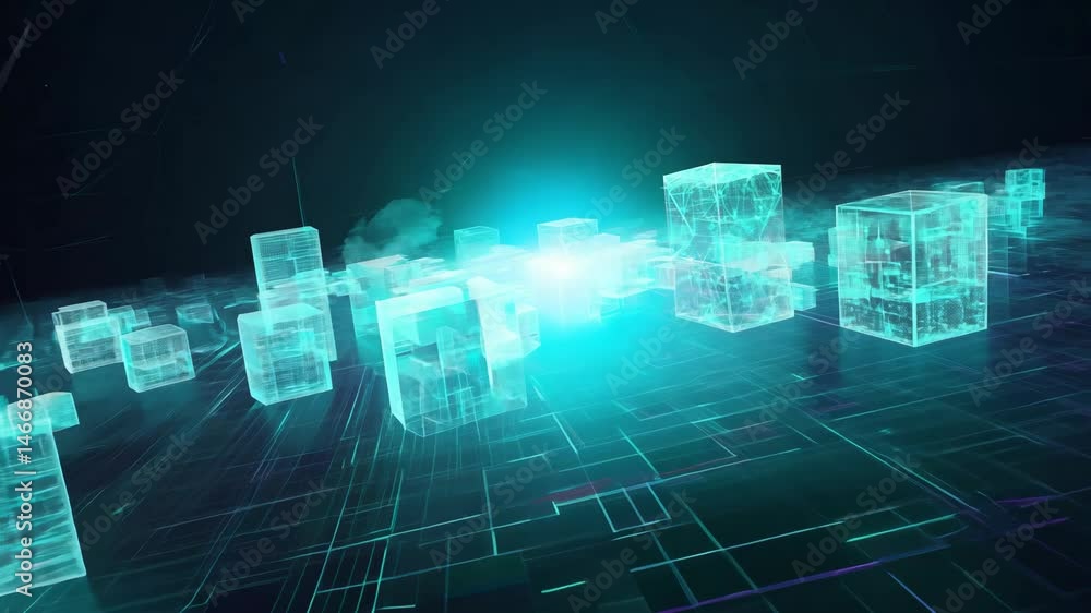 Poster abstract cyan wireframe cubes grid. sci-fi data structure visualization. geometric blocks network di
