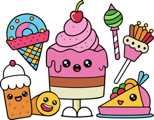 Coloring page with cake, cupcake, candy, ice cream and other dessert