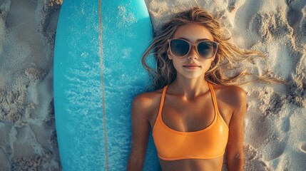 A young woman in bikini with a surfboard