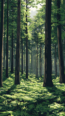 Obraz premium Lush green forest, tall trees, sunlight streaming through, nature landscape, forest trail, peaceful woods, forest scene, green foliage, forest path, nature walk, tranquil woods, green scenery