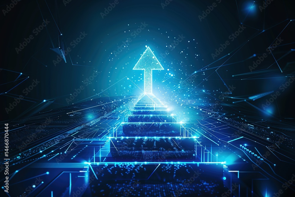 Poster digital ascent: illuminated steps to future innovation with glowing arrow guide