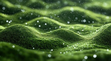Lush green moss landscape with gentle undulations and sparkling light