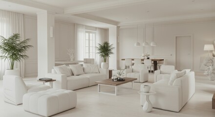 Fototapeta premium Elegant White Living Room Interior Design - Modern minimalist living room with white furniture, large windows, and potted plants. Bright and airy space