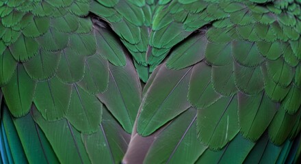 Naklejka premium Emerald Avian Wings: A Close-Up Study - Intricate feather details, vibrant green hues, natural texture, avian elegance, wildlife beauty. Symbolizing freedom, nature, beauty, tranquility, and flight