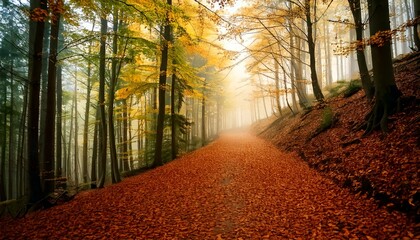 Obraz premium Sendero forestal brumoso con hojas otoñales y suave pendiente