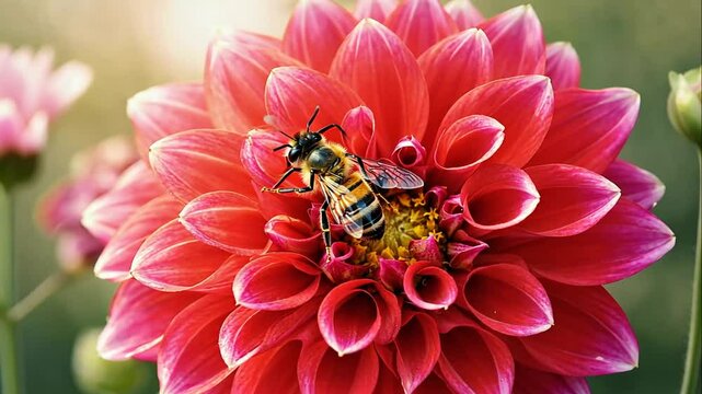 Bee on dahlia flower close up