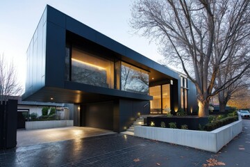 Sleek house with inset garage under cantilever --ar 3:2 --v 7 Job ID: 14dd47b4-e3a4-4206-a31b-2333f3571898