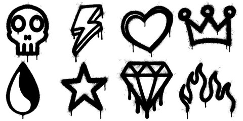 collection of black spray paint graffiti icons including lightning bolt, heart, crown, diamond, skull, star, drop, and flame.