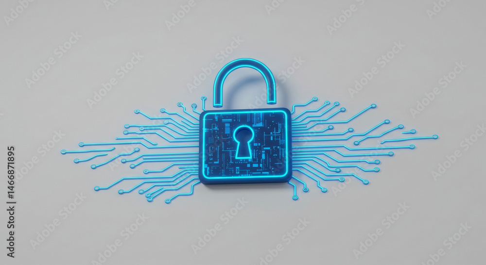 Aufkleber abstract graphic of a glowing padlock with circuit board design on a light gray background. digital 